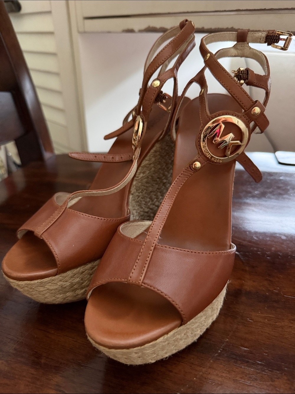 MICHAEL Michael Kors Brown Leather Espadrille Wedge Sandals with Gold Logo